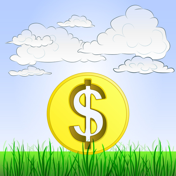 травянистый пейзаж с долларовой монетой и вектором неба
 - Вектор,изображение