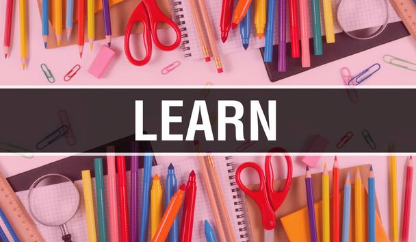 learn with School supplies on blackboard Background. learn text  - Photo, Image