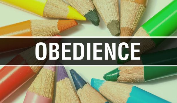 obedience concept banner with texture from colorful items of edu - 写真・画像