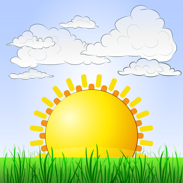 grassy landscape with rising sun and cloudy sky vector - Vector, Imagen