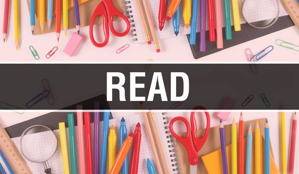 read with School supplies on blackboard Background. read text on - Photo, Image