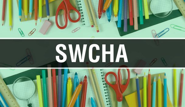 SWCHA with School supplies on blackboard Background. SWCHA text  - Photo, Image