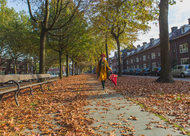 Affascinante donna anziana con un ombrello rosso passeggiate in autunno al
 - Foto, immagini