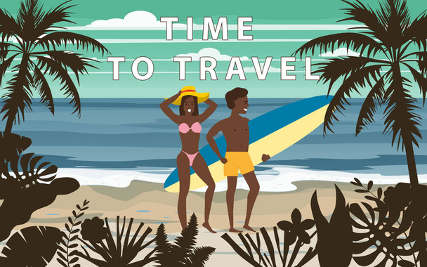 Час подорожувати щасливою парою на літньому пляжі відпочинку. Дружина і чоловік з дошок для серфінгу насолоджуючись пляжний відпочинок ходьба на море пісок океану веселяться на пляжі на березі моря квіткові. Векторна ілюстрація - Вектор, зображення