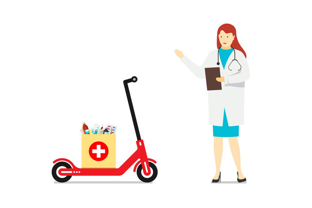 Medizinische Lieferapotheke. Weiße Ärztinnen in Uniform mit Stethoskop stehen neben roten Elektrorollern mit Medikamenten und Tabletten. Medizin-Vektor-Illustration - Vektor, Bild