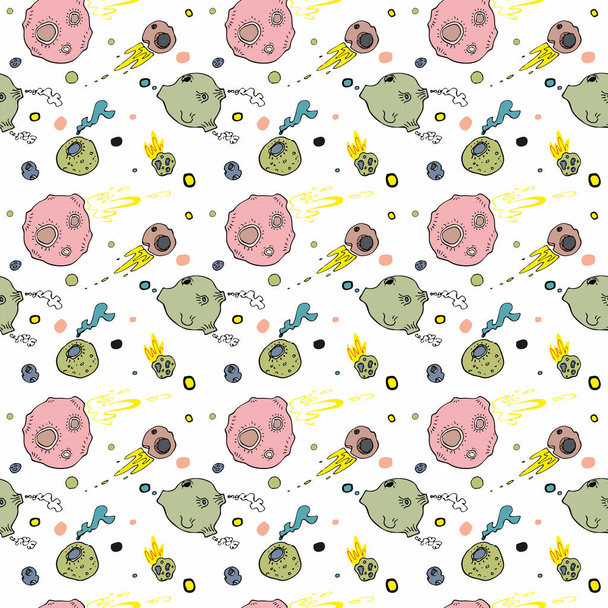 Meteor shower, asteroids and planets. Cartoon and doodle style. Seamless pattern - Vector, Image