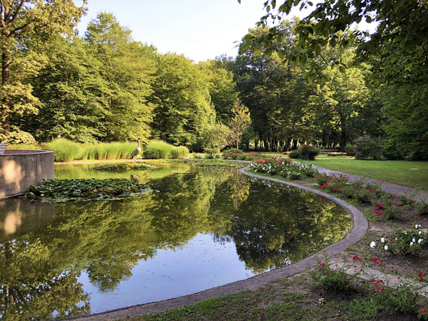 スパガーデンジュリエス公園またはウムジェノ・イェゼルチェ・サ・スタトゥム・ズドラ・ウ・ジュリエボム・パルクーのクレーン鳥像を持つ小さな池 - ダルバル、クロアチア - 写真・画像