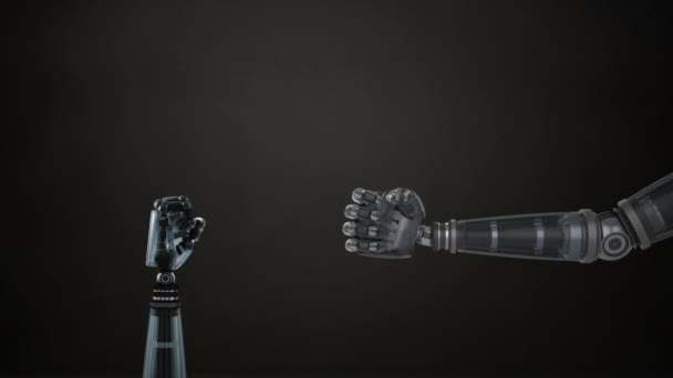 Animation of metal robot hands turning and unclenching fist and giving thumbs up over a grey background - Felvétel, videó