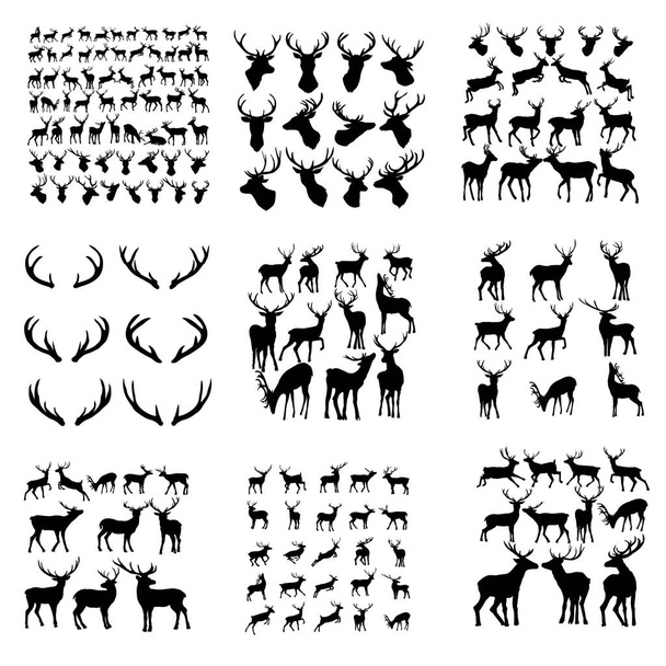 Conjunto de ciervos. Ciervo silueta negro aislado en blanco. Ilustración vectorial dibujada a mano. salto de ciervo
 - Vector, imagen
