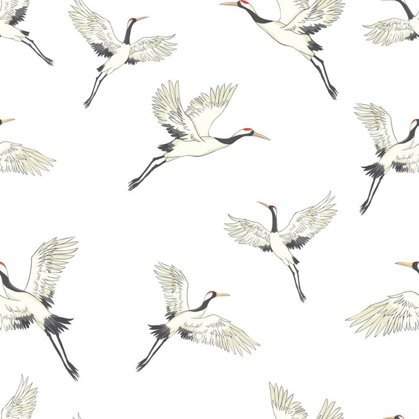 Seamless pattern, background with tropical birds. White heron, cockatoo parrot. Colored and outline design on navy blue background.. Vector illustration. Isolated on black background. - Vector, Imagen