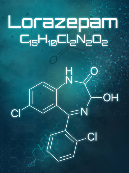 chemische Formel von Lorazepam auf futuristischem Hintergrund - Foto, Bild