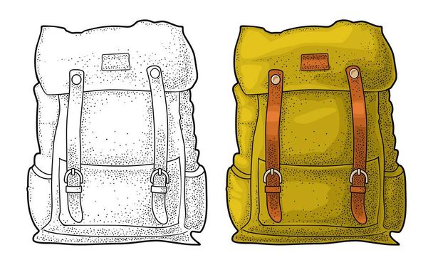 Hipster tourist backpack. Front view. Vector color vintage engraving - Vecteur, image