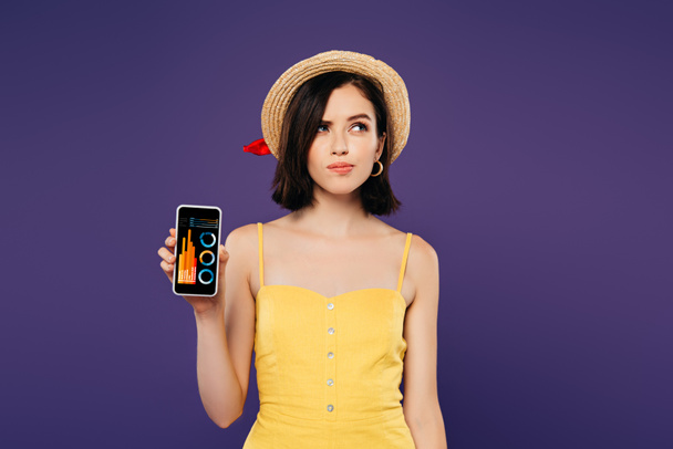 dreamy pretty girl in straw hat holding smartphone with business app isolated on purple  - Фото, изображение