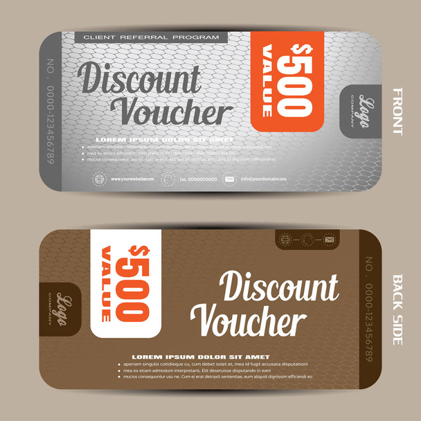 Vector discount voucher on the light gray hexagon mesh pattern and brown background. - Vector, Image