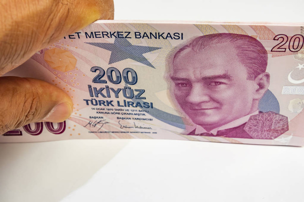 The highest money denominations of the republic of turkey. close up two hundred turkish lira banknotes - Photo, Image