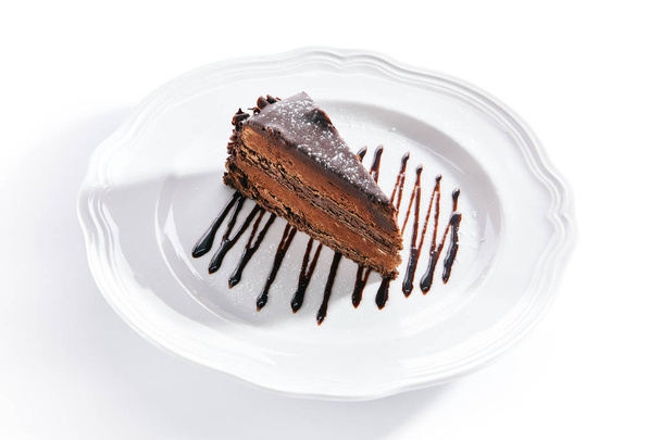 Chocolate Cake, Triangular Slice of Brown Biscuit Tart or Sacher - Foto, immagini