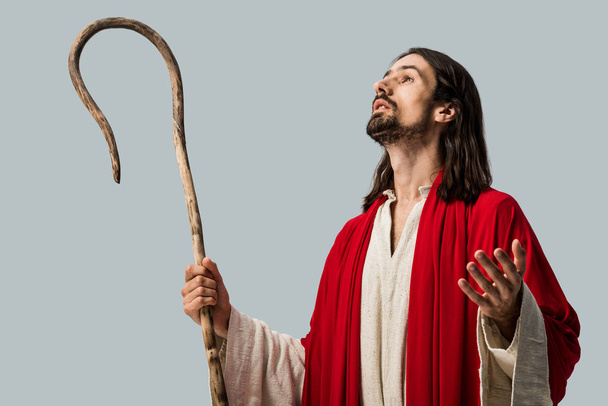 бородатый человек в халате Иисуса держа деревянную трость и жесты изолированы на сером
  - Фото, изображение