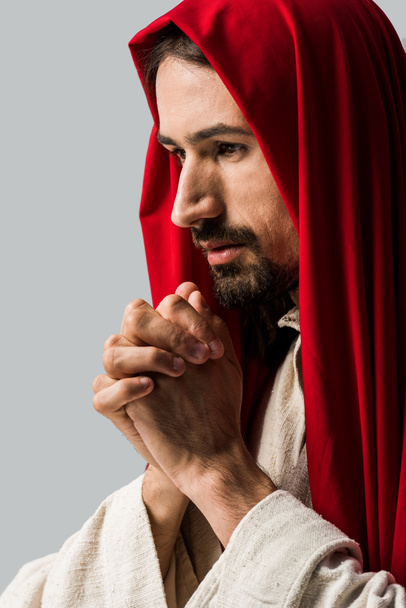 handsome bearded man praying isolated on grey - Photo, Image