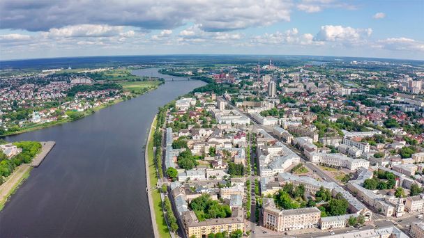 Panorama of the city of Tver, Russia. Aerial view. Volga River, From Drone  - Фото, изображение