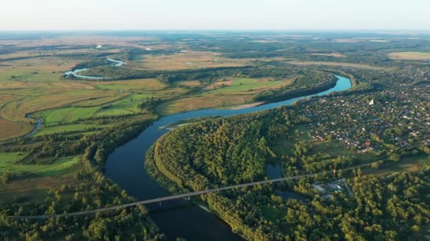 Vista aérea del hermoso prado de inundación y la inundación del río.Volando sobre el hermoso río Desna cuando el río está lleno de agua en primavera en el Parque Nacional de la Naturaleza en el óblast de Chernihiv, Ucrania
. - Imágenes, Vídeo