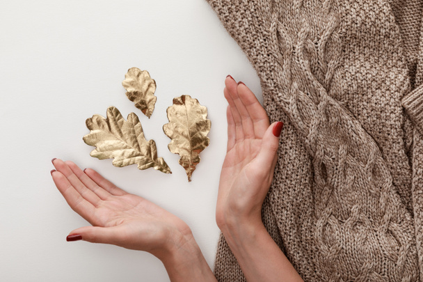 abgeschnittene Ansicht weiblicher Hände in der Nähe goldener Blätter und gestrickter brauner Pullover auf weißem Hintergrund - Foto, Bild