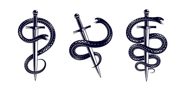 Snake and Dagger, Serpent wraps around a sword vector vintage ta - Vector, Image