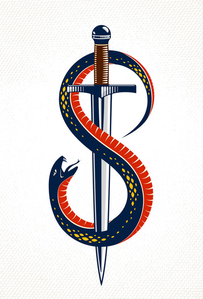 Dagger kills a Snake, defeated Serpent wraps around a sword vect - Vector, Image