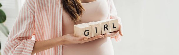 tiro panorâmico de mulher grávida segurando blocos de madeira com palavra menina
 - Foto, Imagem