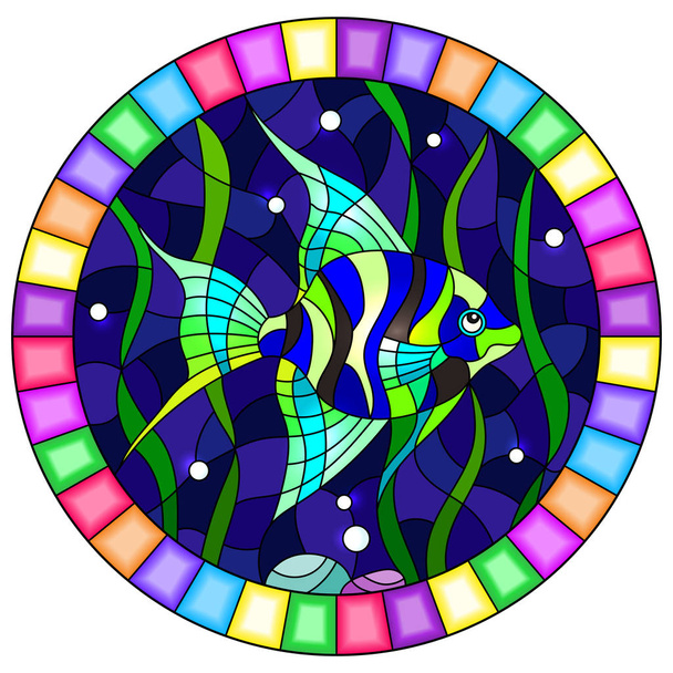 Ilustração em estilo vitral escalar peixe brilhante no fundo da água e algas, imagem oval em quadro brilhante
 - Vetor, Imagem