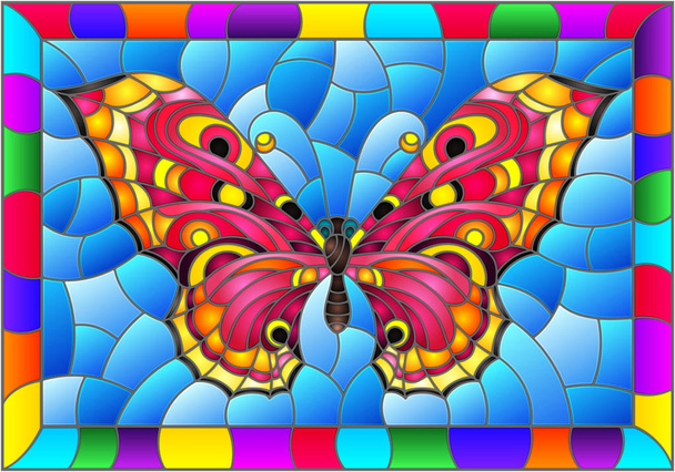 Illustration in stained glass style with bright pink butterfly on a blue background in a bright frame - Vector, Image