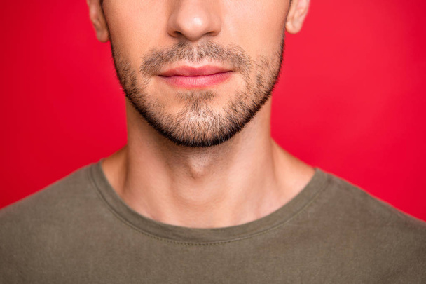 Cropped photo of guy face showing new beard hairstyle wear grey t-shirt isolated on red background - Zdjęcie, obraz