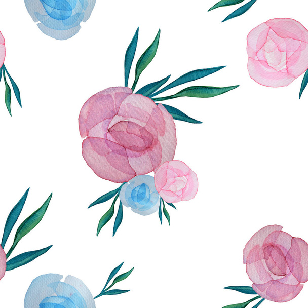 Seamless pattern with watercolor pink and blue roses . For wrapp - Фото, изображение