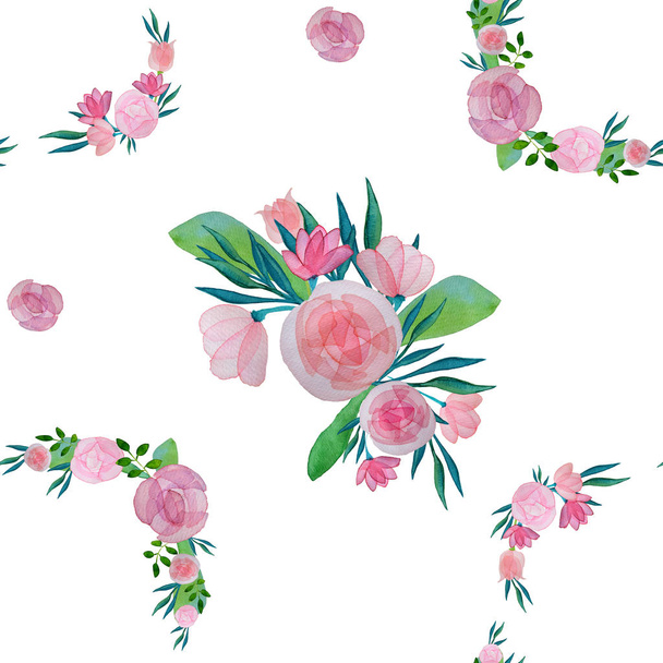 Watercolor seamless pattern with roses, peony and green leaves.  - Photo, Image