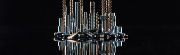 panoramic shot of various shiny metallic screws isolated on black with copy space - Foto, Imagen