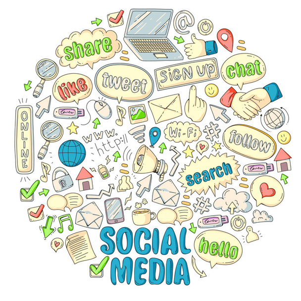 Media społecznościowe, biznes, ikony zarządzania wektorami. Marketing internetowy, komunikacja. - Wektor, obraz