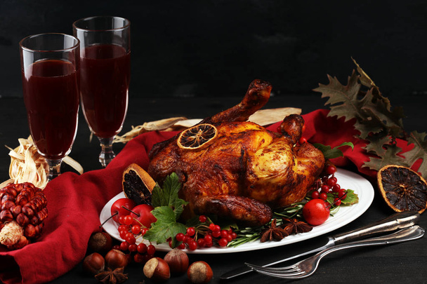 Baked turkey or chicken. The Christmas table is served with a tu - Photo, Image