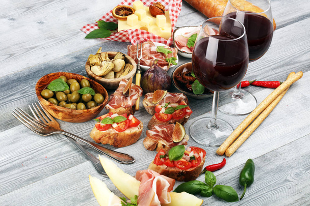 Italian antipasti wine snacks set. Cheese variety, Mediterranean - Photo, Image