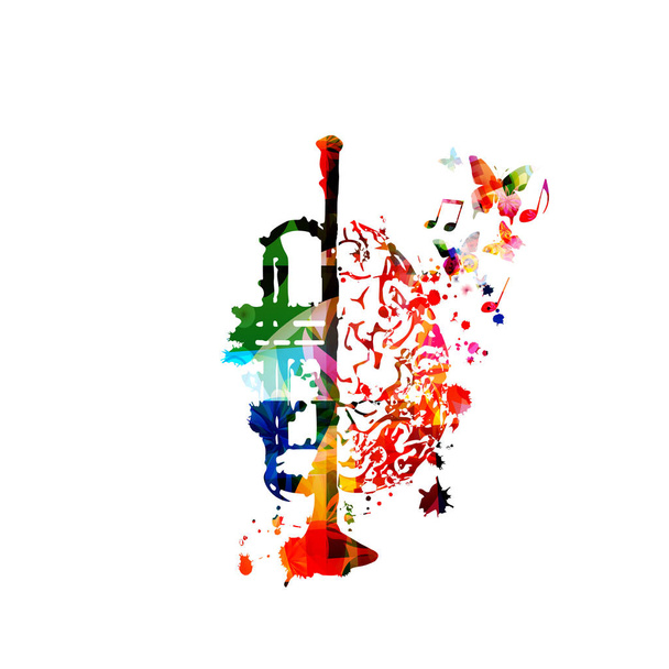 Trompeta colorida con notas musicales y mariposas aisladas sobre fondo blanco, cartel del festival de música
  - Vector, Imagen