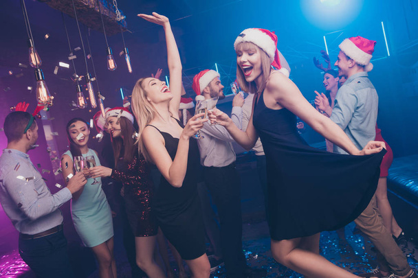Portrait of nice attractive smart stylish cheerful cheery positive excited glad dreamy ladies and guys having fun rest relax feast festal celebratory at modern luxury fogged lights nightclub - Photo, Image