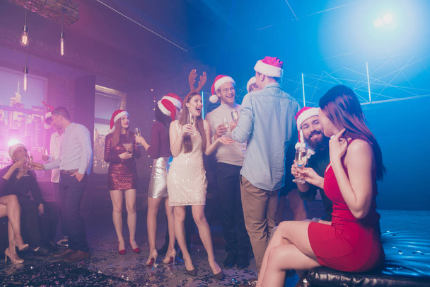 Nice attractive smart well-dressed glamorous stylish fashionable cheerful cheery girls and guys having fun chill out communicating festive feast festal social tradition modern luxury fogged nightclub - Photo, Image