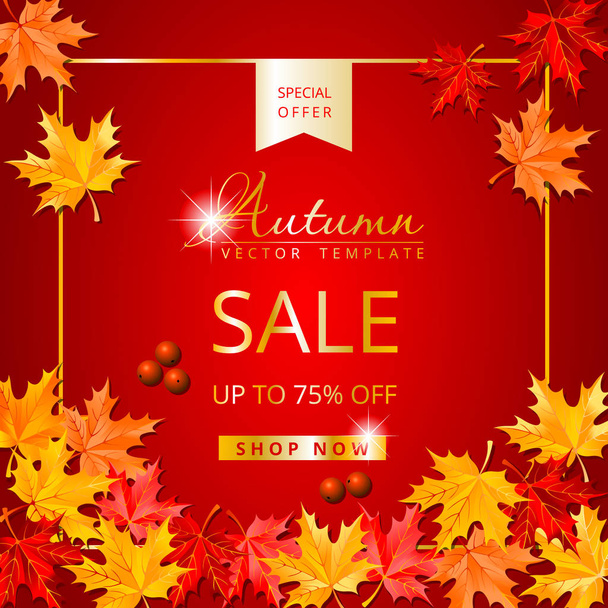 Autumn sale template with maple leaves. Special offer Instagram layout yellow background - Vector, imagen