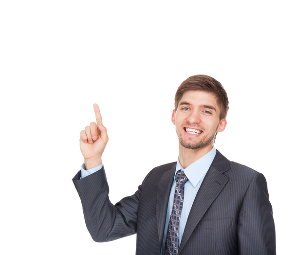 Young business man happy smile point finger empty copy space - Foto, immagini