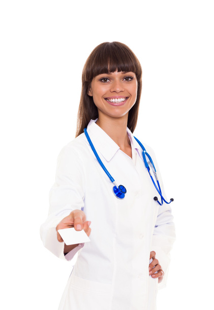 Doctor with stethoscopea give blank business card - Φωτογραφία, εικόνα