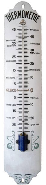 Termômetro de estilo retro com referências de temperatura anotadas nele: "quarto, apartamento, vinho congelado, gelo, rio congelado, quarto doente, laranjeira, Paris 1871, Lyon 1881
...." - Foto, Imagem