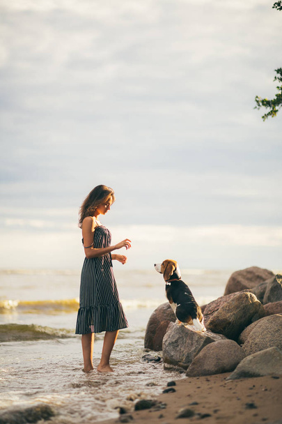 Image of happy woman 20s hugging her dog while walking along the beach - Фото, изображение