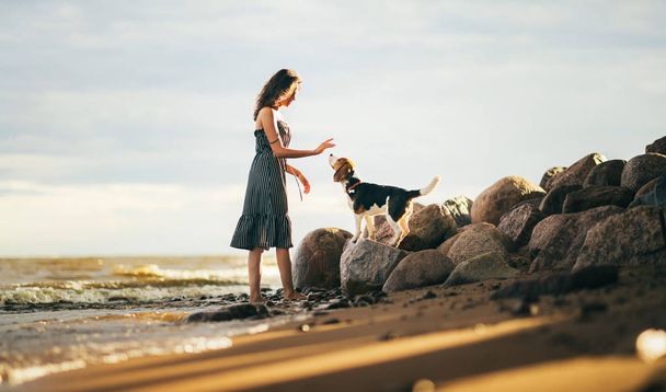 Image of happy woman 20s hugging her dog while walking along the beach - Foto, afbeelding