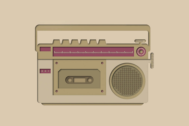 Flat paper cut design illustration of vintage record player with buttons and cassette inside - Photo, Image