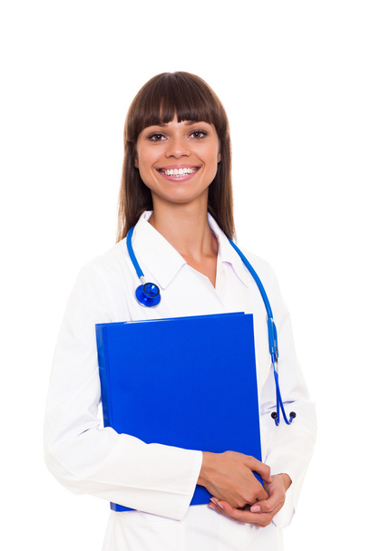 Doctor woman with stethoscope and blue folder - Fotó, kép