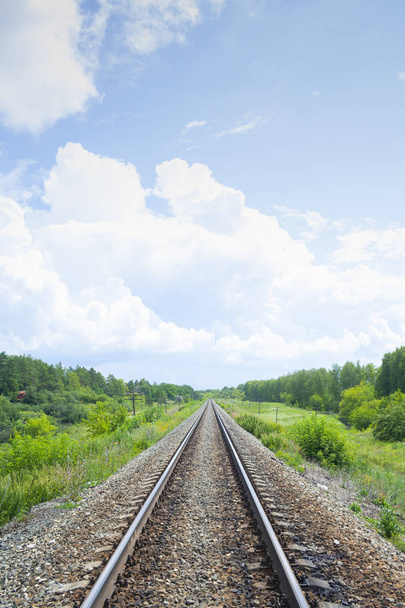 Un chemin de fer à travers les champs verts d'été. Beau ciel vert paysage d'arbre de chemin de fer. Beau paysage. Transport ferroviaire. Vertical
 - Photo, image
