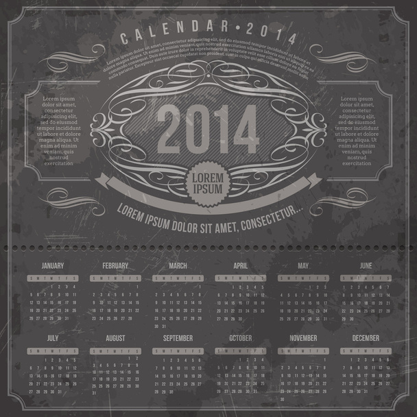 Vector template design - Ornate vintage calendar of 2014 on a grunge black background - Vector, Image